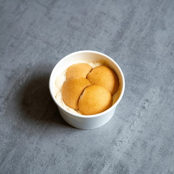 A white bowl of banana pudding with four vanilla wafer cookies on top, against a gray background.