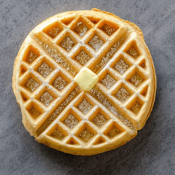 Golden waffle with powdered sugar and a pat of butter on a dark gray surface.