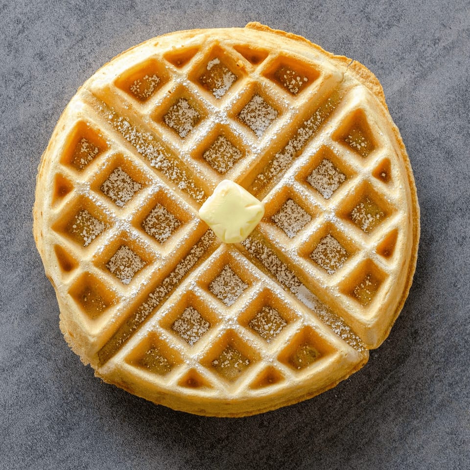 Golden waffle with powdered sugar and a pat of butter on a dark gray surface.