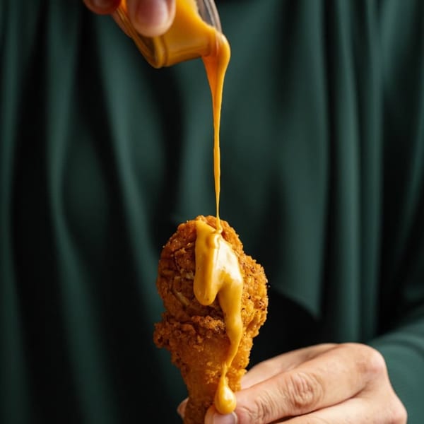 A hand holds a crispy fried chicken drumstick as golden cheese sauce is poured over it.